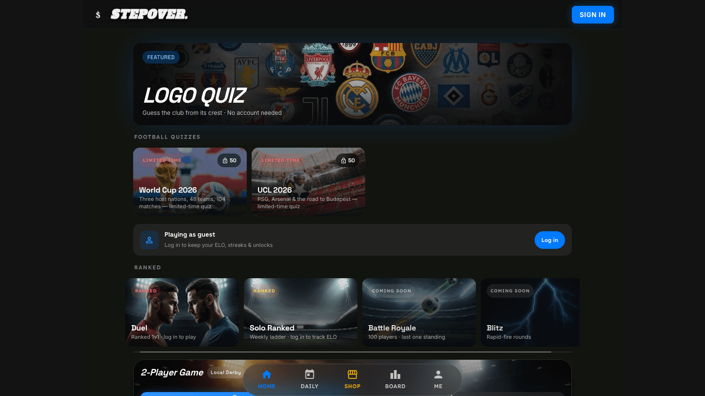 Stepover football quiz landing page